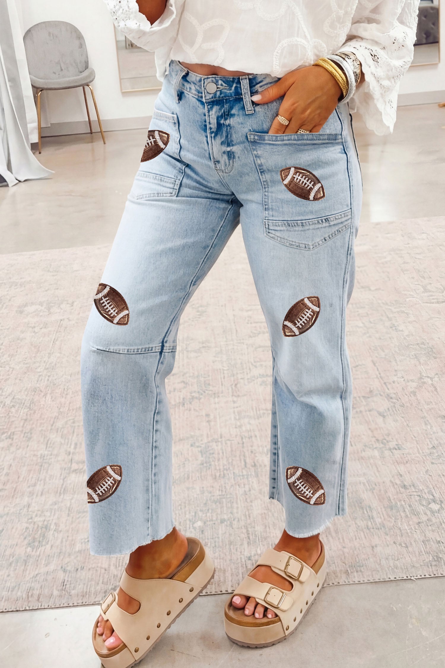Beau Blue Sequin Detail Patched Rugby Pattern Raw Hem Shift Jeans