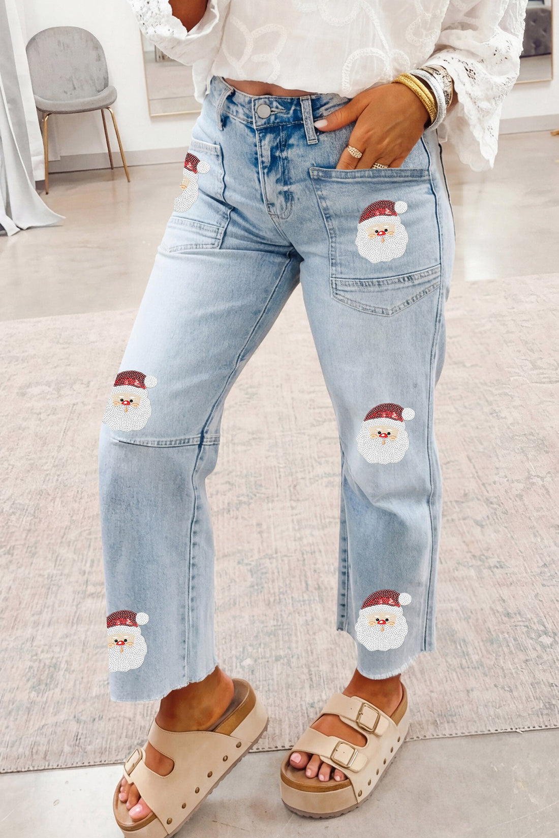 Beau Blue Sequin Santa Patchwork Ankle-Length Jeans