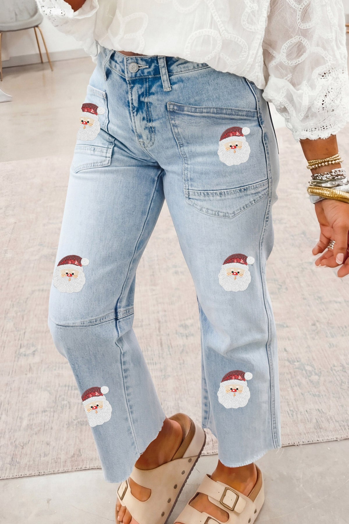 Beau Blue Sequin Santa Patchwork Ankle-Length Jeans