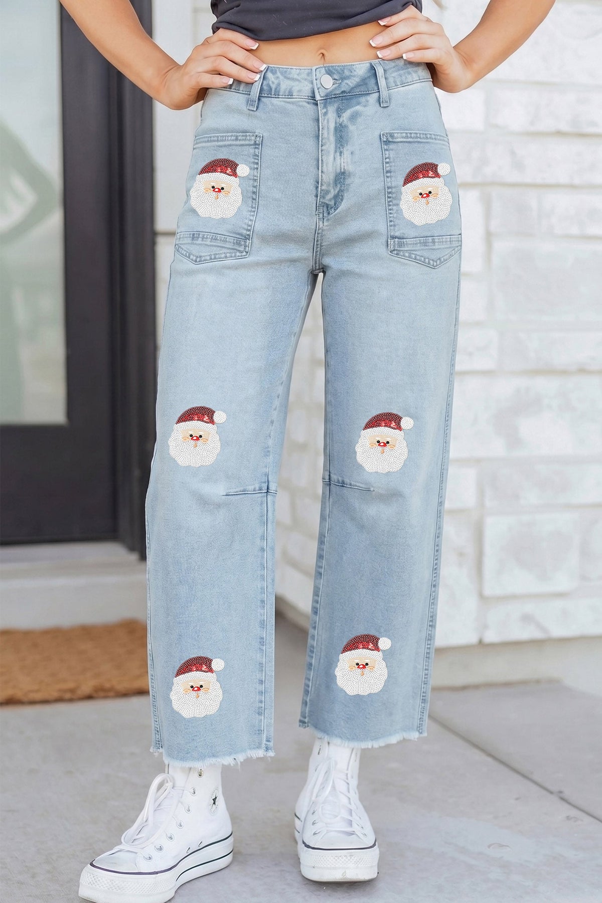 Beau Blue Sequin Santa Patchwork Ankle-Length Jeans