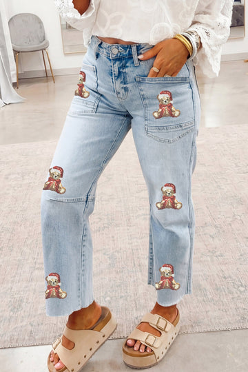 Beau Blue Sequin Teddy Patchwork Ankle-Length Graphic Jeans