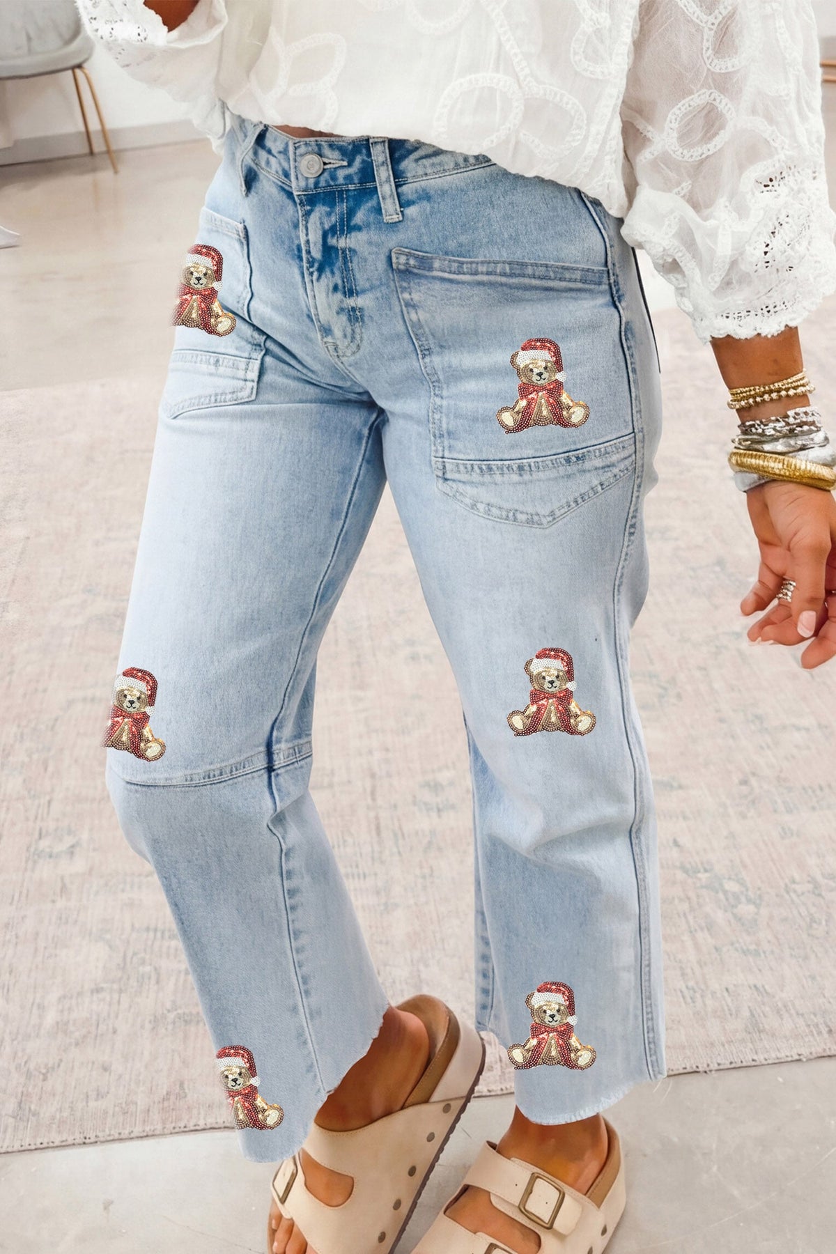 Beau Blue Sequin Teddy Patchwork Ankle-Length Graphic Jeans