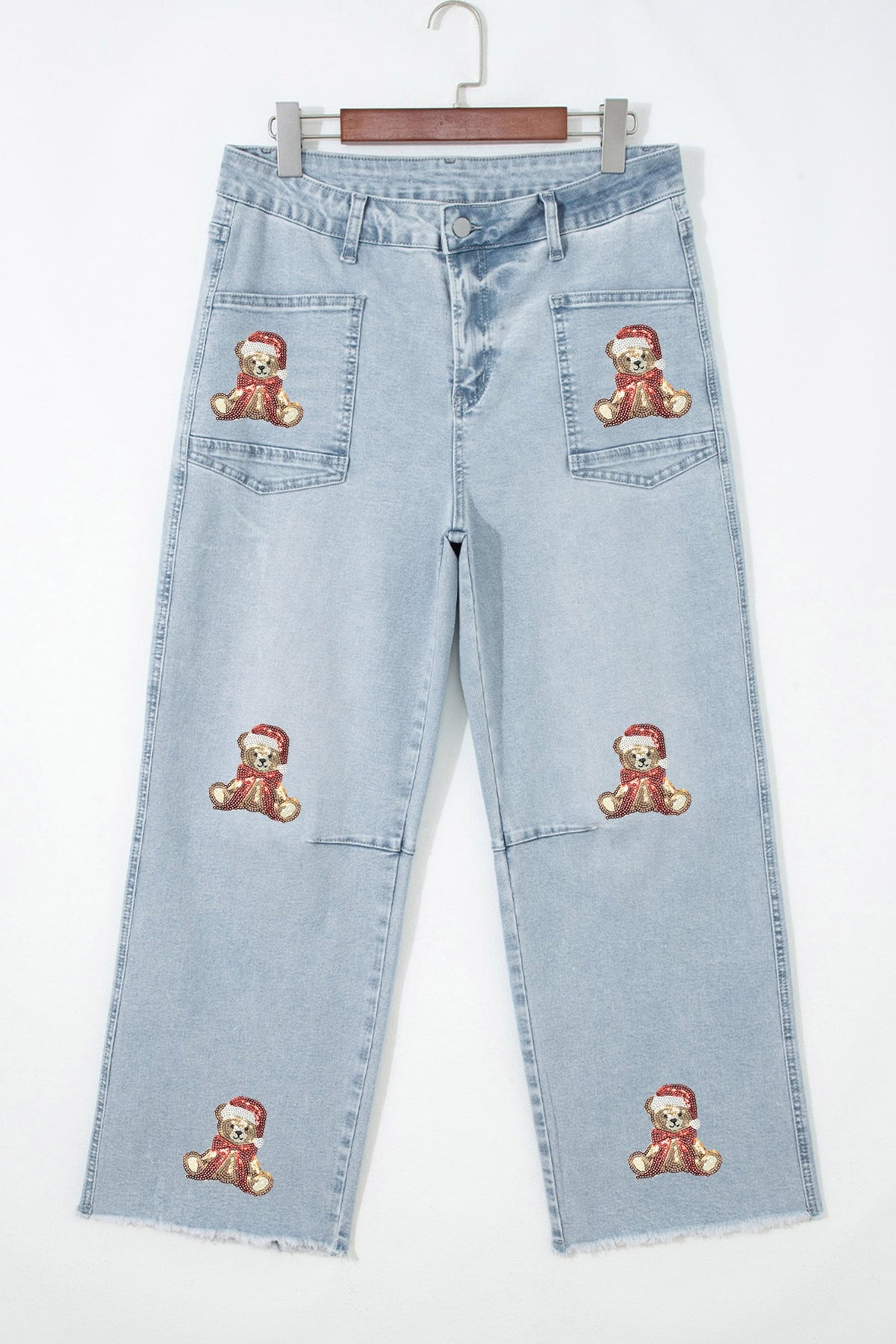 Beau Blue Sequin Teddy Patchwork Ankle-Length Graphic Jeans