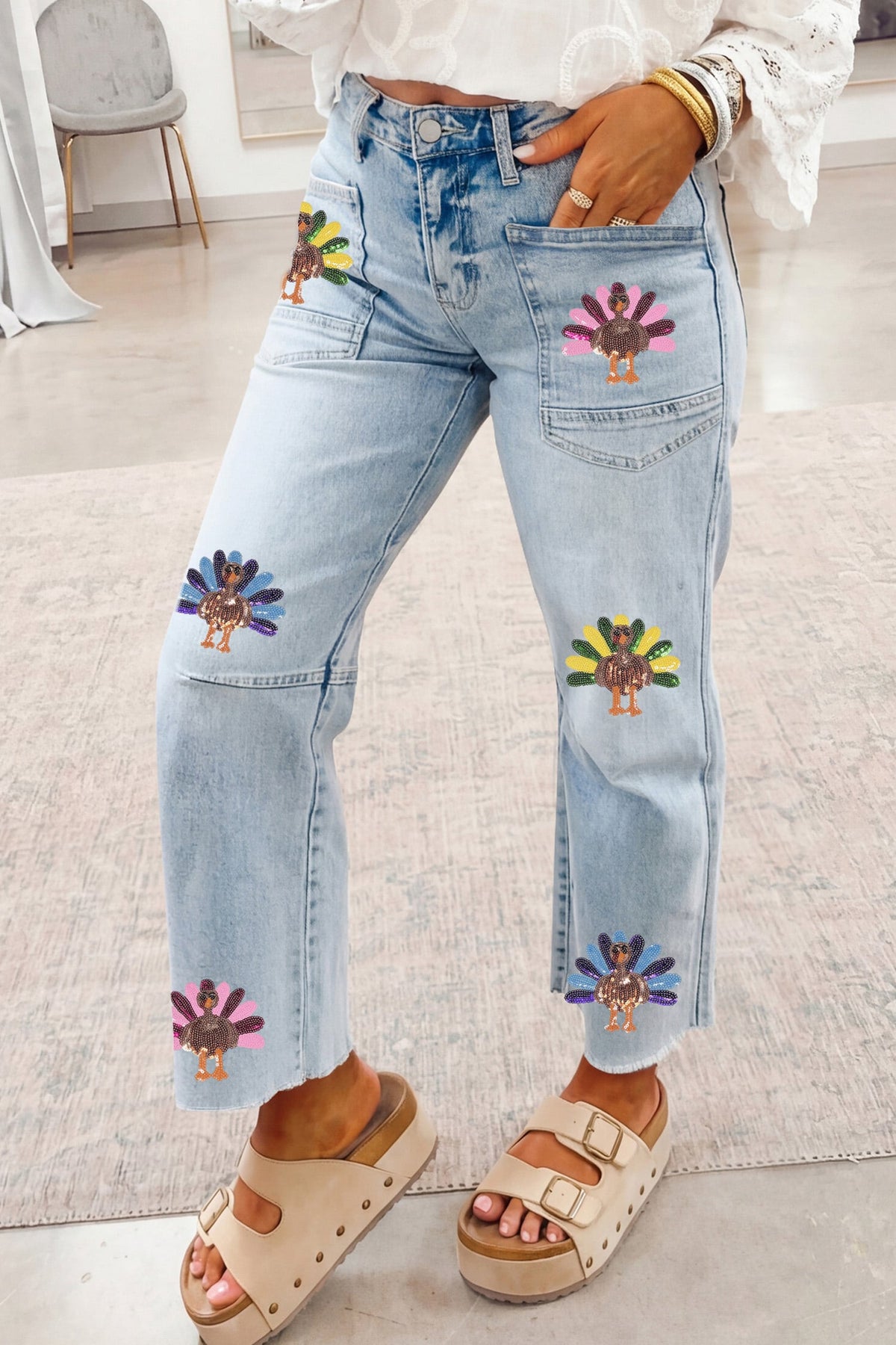 Beau Blue Sequin Turkey Patch Graphic Raw Hem Ankle Jeans