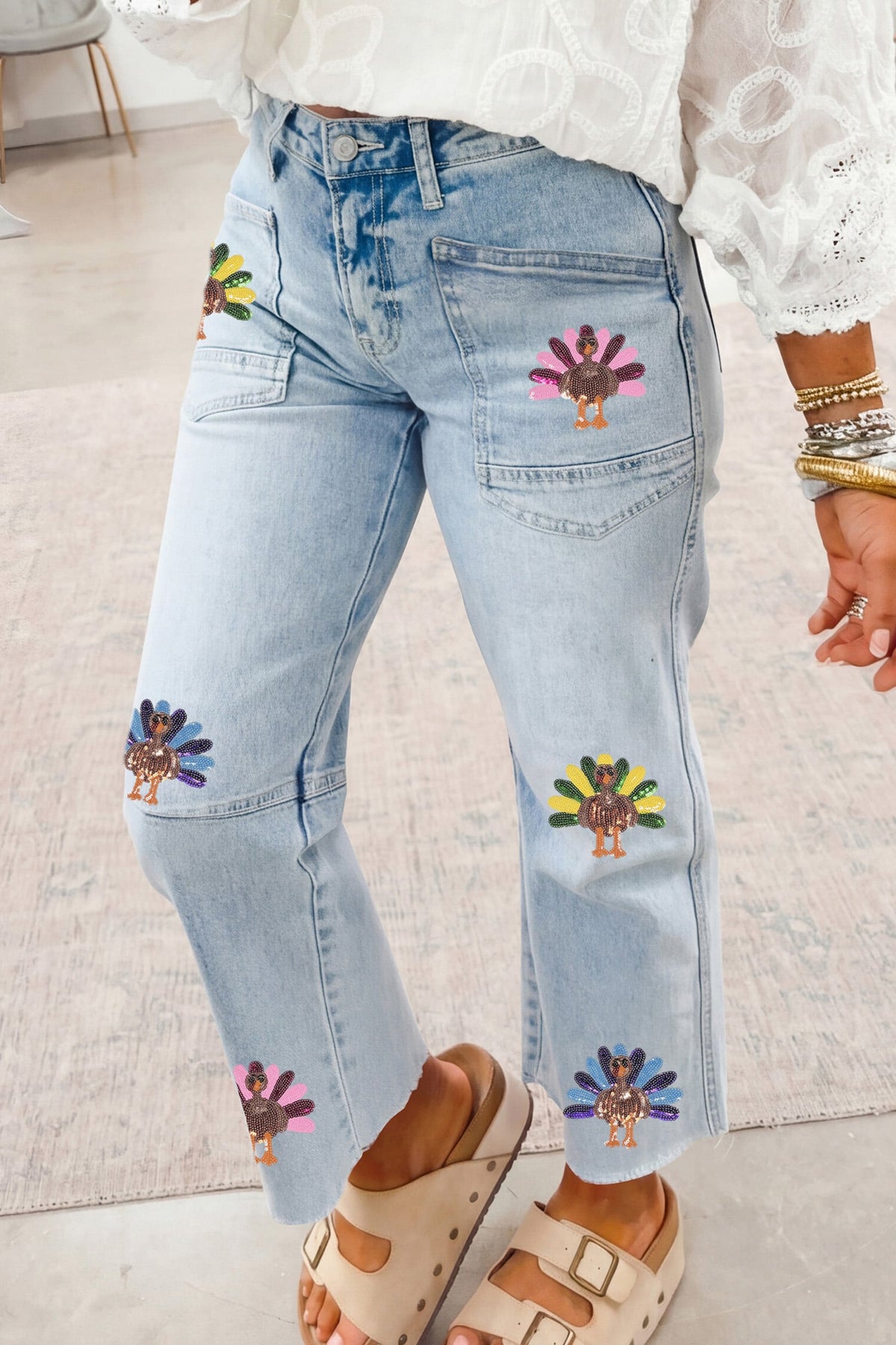 Beau Blue Sequin Turkey Patch Graphic Raw Hem Ankle Jeans