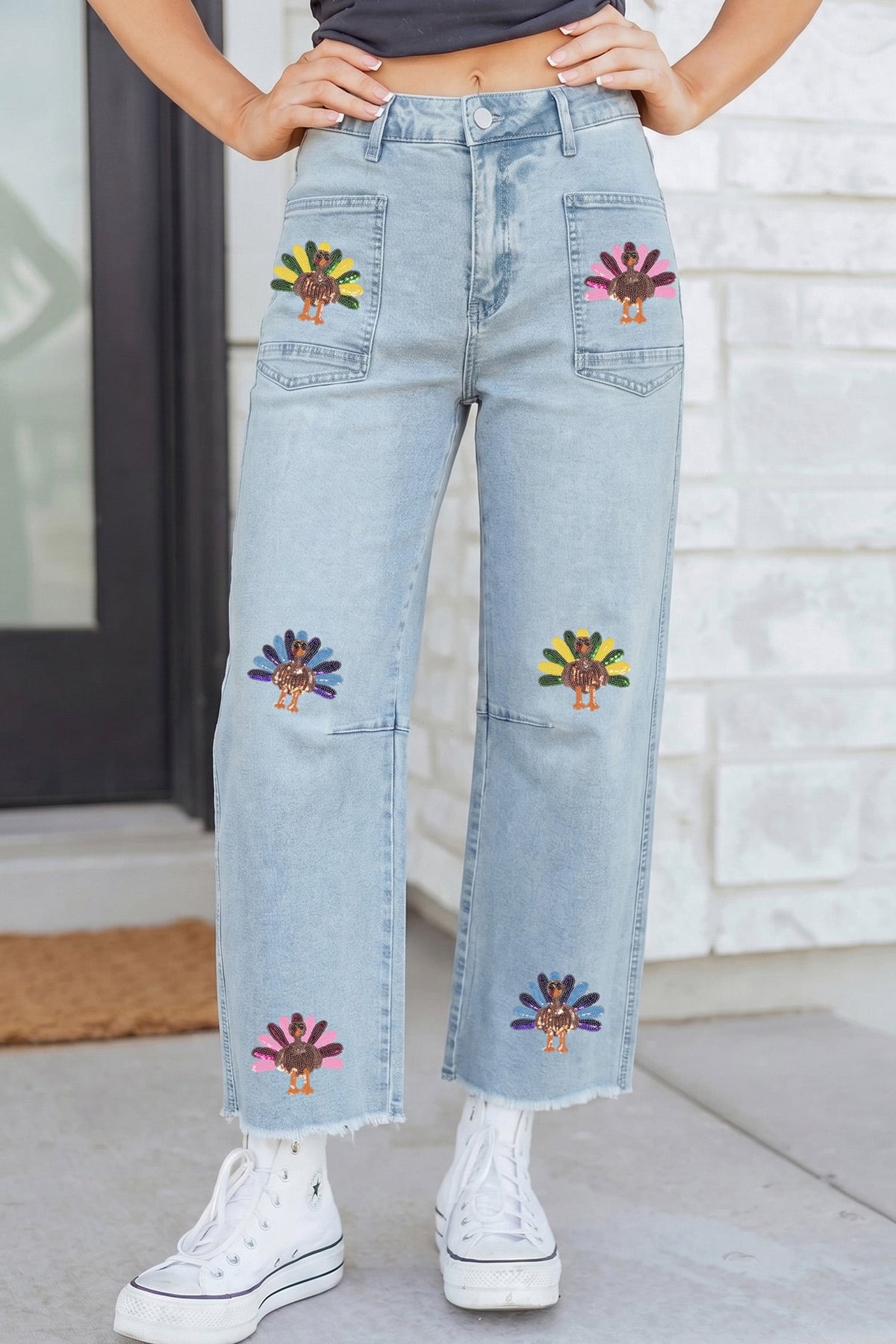 Beau Blue Sequin Turkey Patch Graphic Raw Hem Ankle Jeans