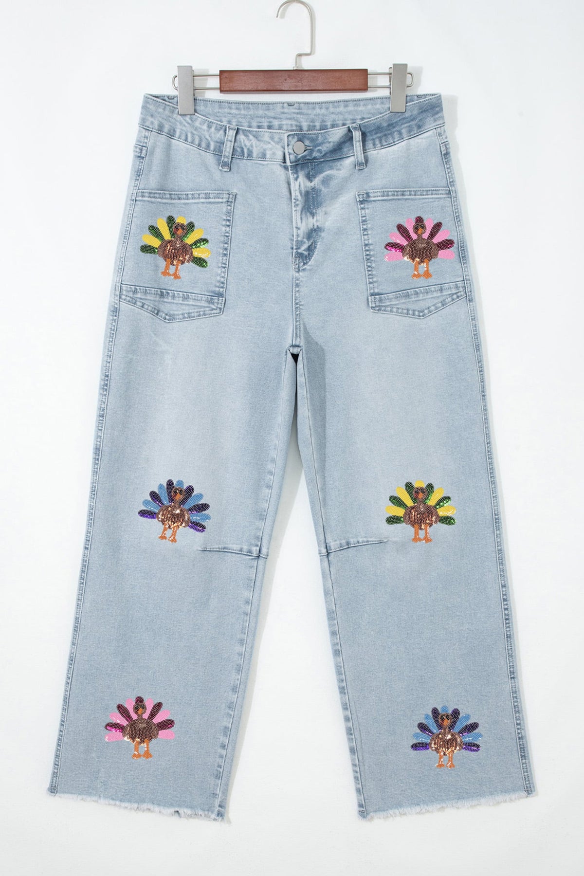 Beau Blue Sequin Turkey Patch Graphic Raw Hem Ankle Jeans