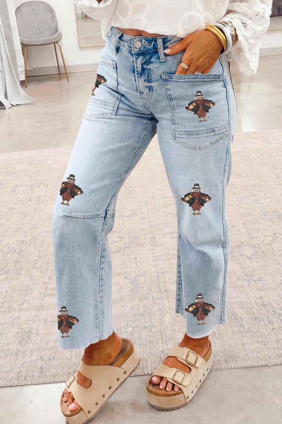 Beau Blue Sequin Turkey Patch Pocket Raw Hem Ankle Length Jeans