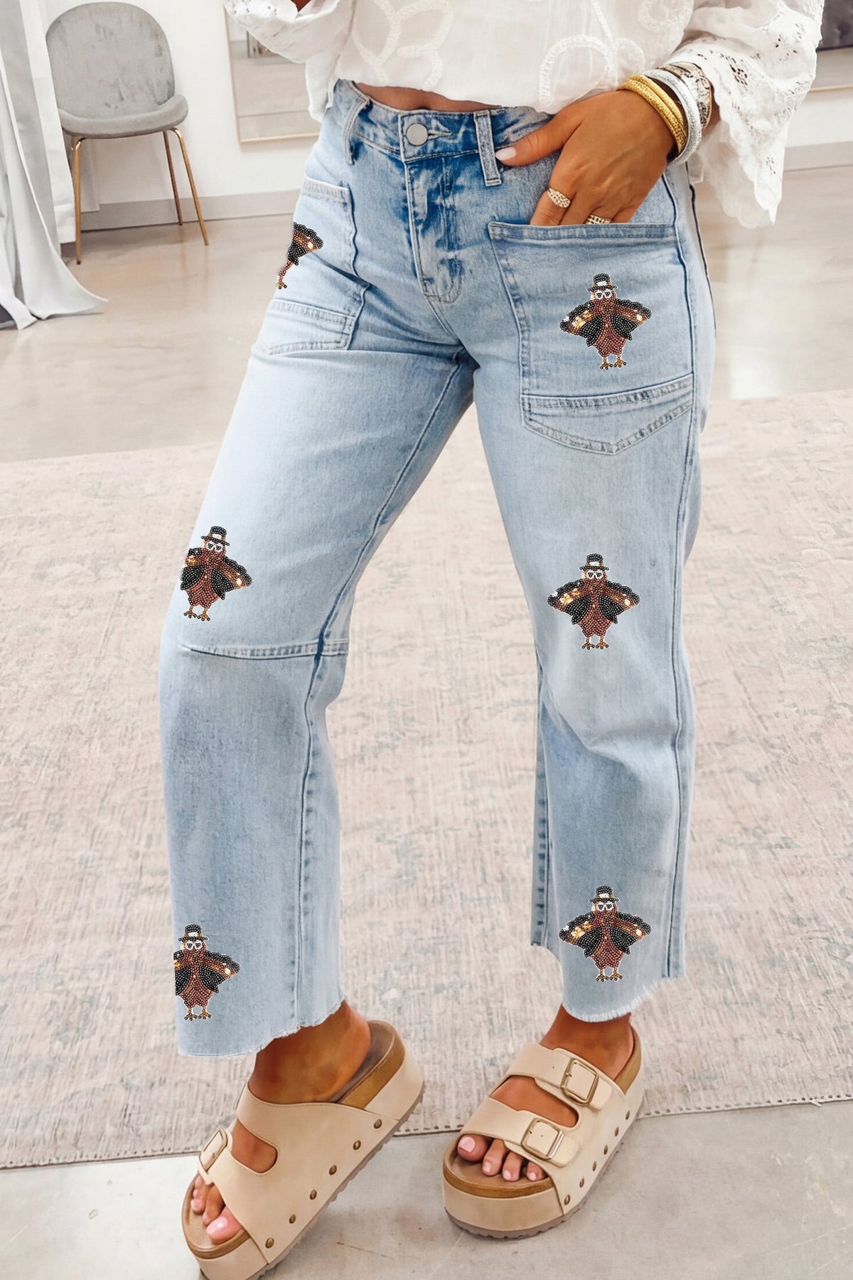 Beau Blue Sequin Turkey Patch Pocket Raw Hem Ankle Length Jeans
