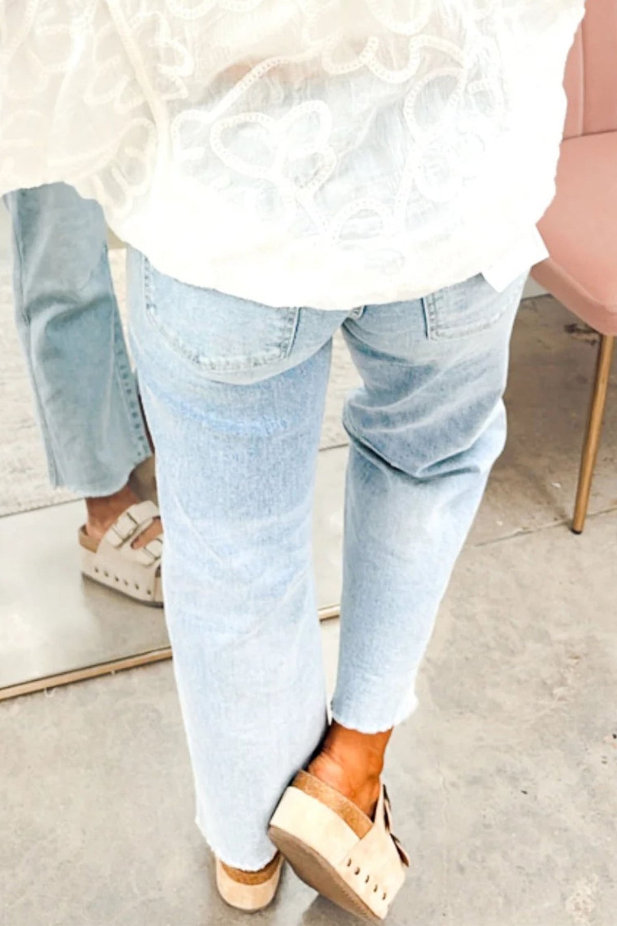 Beau Blue Sequin Turkey Patch Pocket Raw Hem Ankle Length Jeans