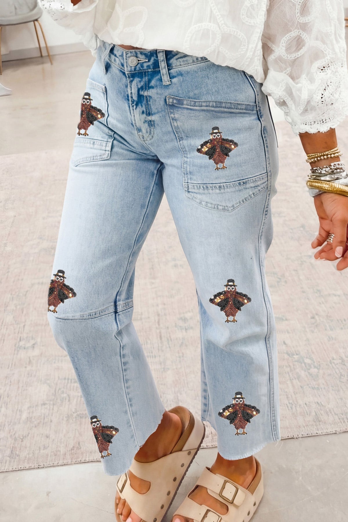 Beau Blue Sequin Turkey Patch Pocket Raw Hem Ankle Length Jeans