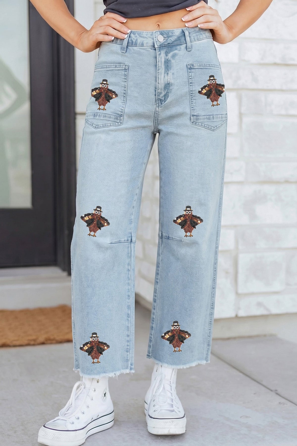 Beau Blue Sequin Turkey Patch Pocket Raw Hem Ankle Length Jeans
