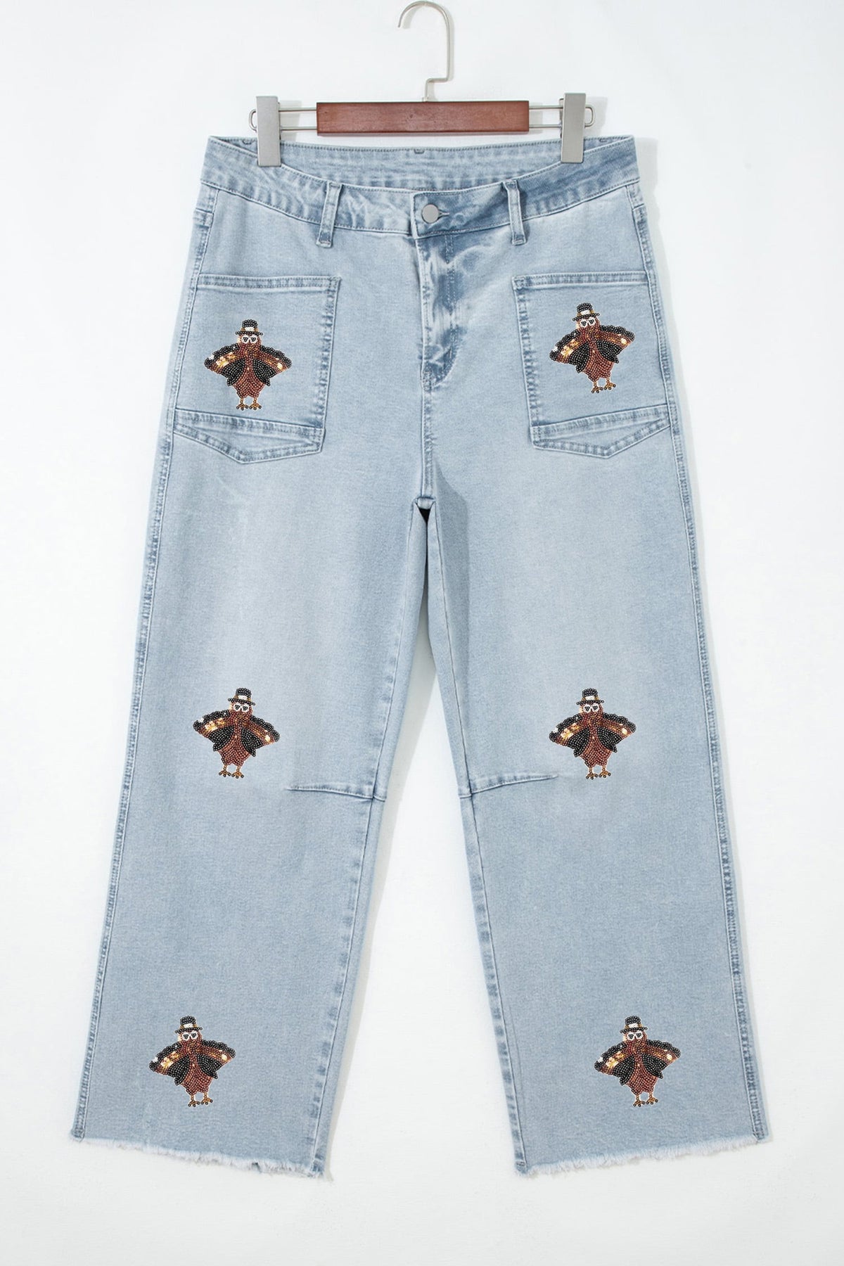 Beau Blue Sequin Turkey Patch Pocket Raw Hem Ankle Length Jeans