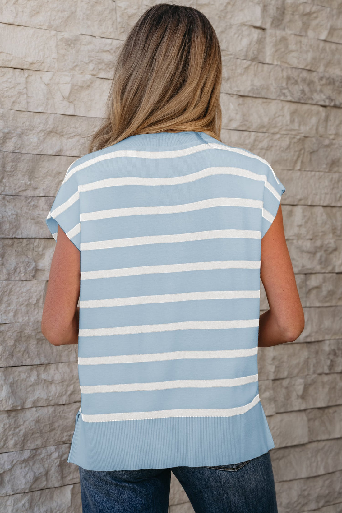 Beau Blue Side Slits Crewneck Short Sleeve Sweater Tee