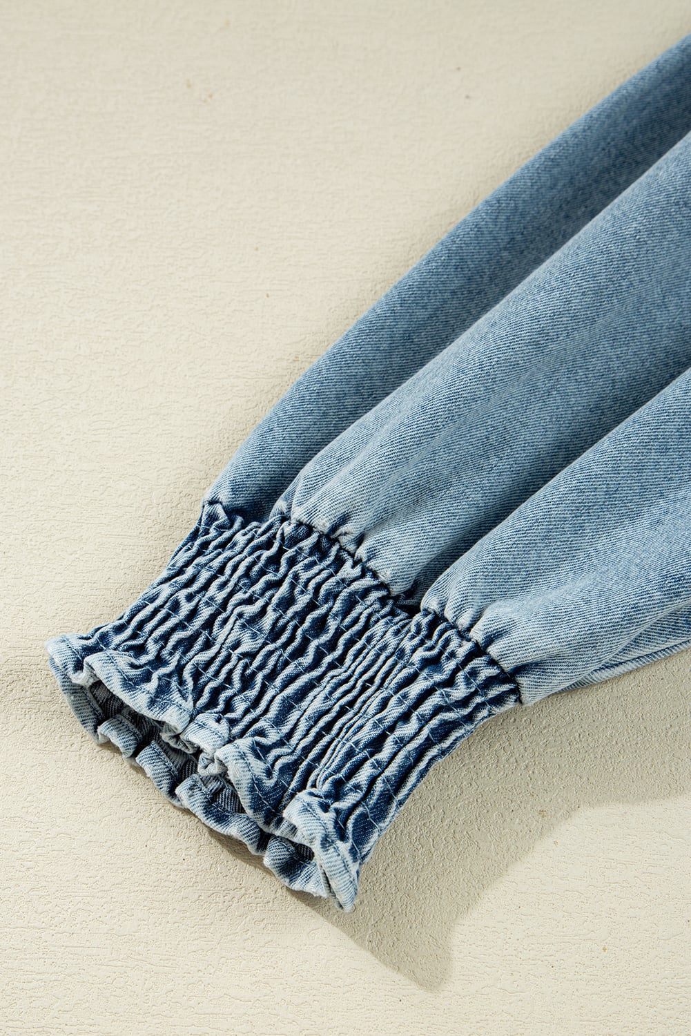 Beau Blue Smocked Cuffs Flared Denim Shirt Mini Dress