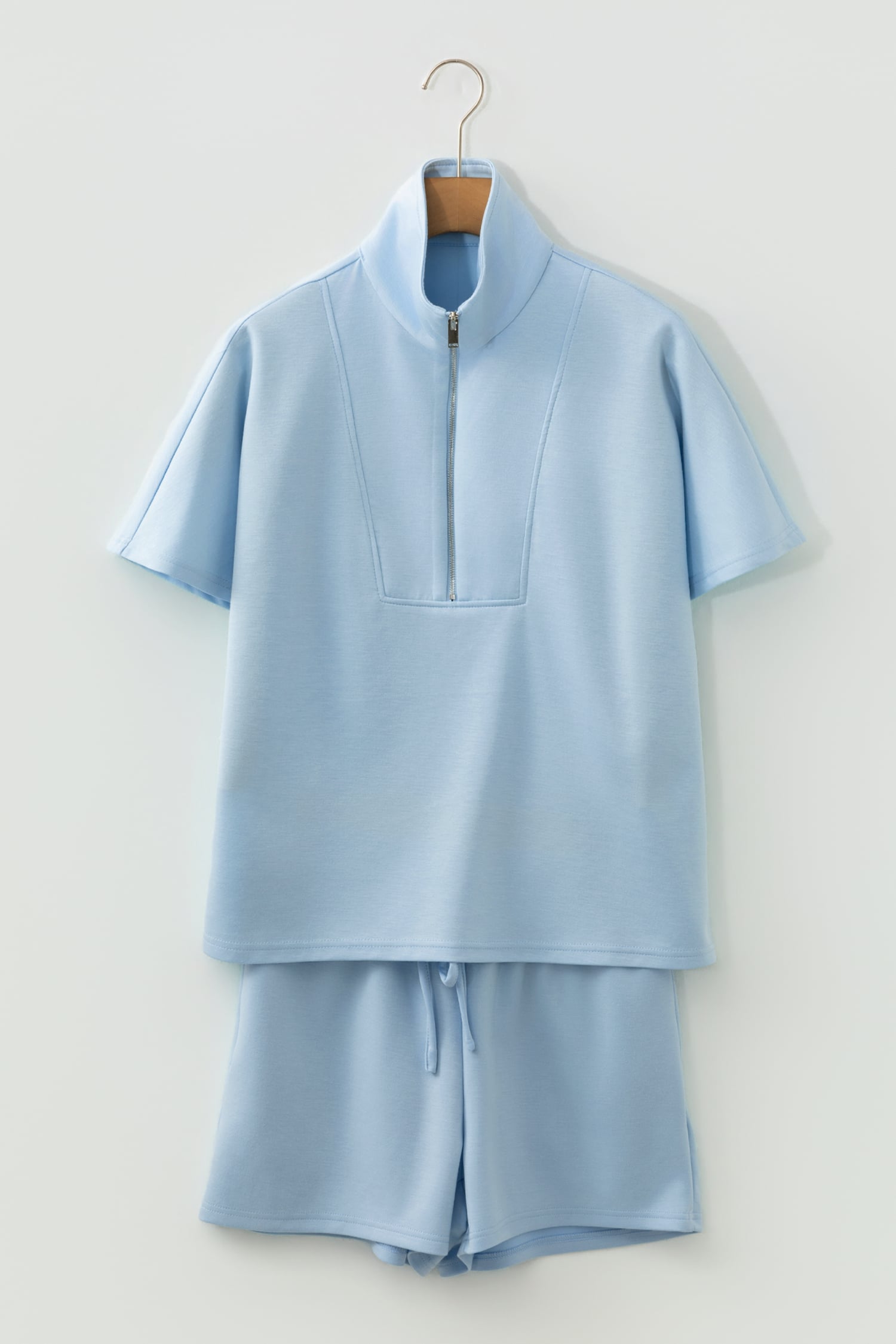 Beau Blue Solid Color Half Zip Loose Short Sleeve Sweatshirt 2pcs Set