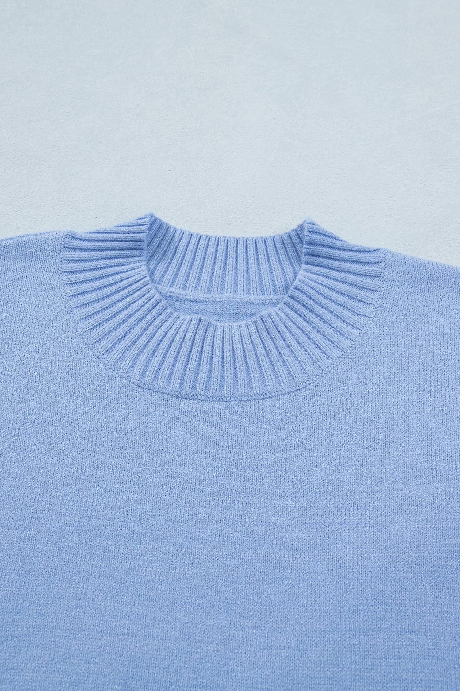Beau Blue Solid Color Ribbed Trim Round Neck Ruffle Short Sleeve Sweater