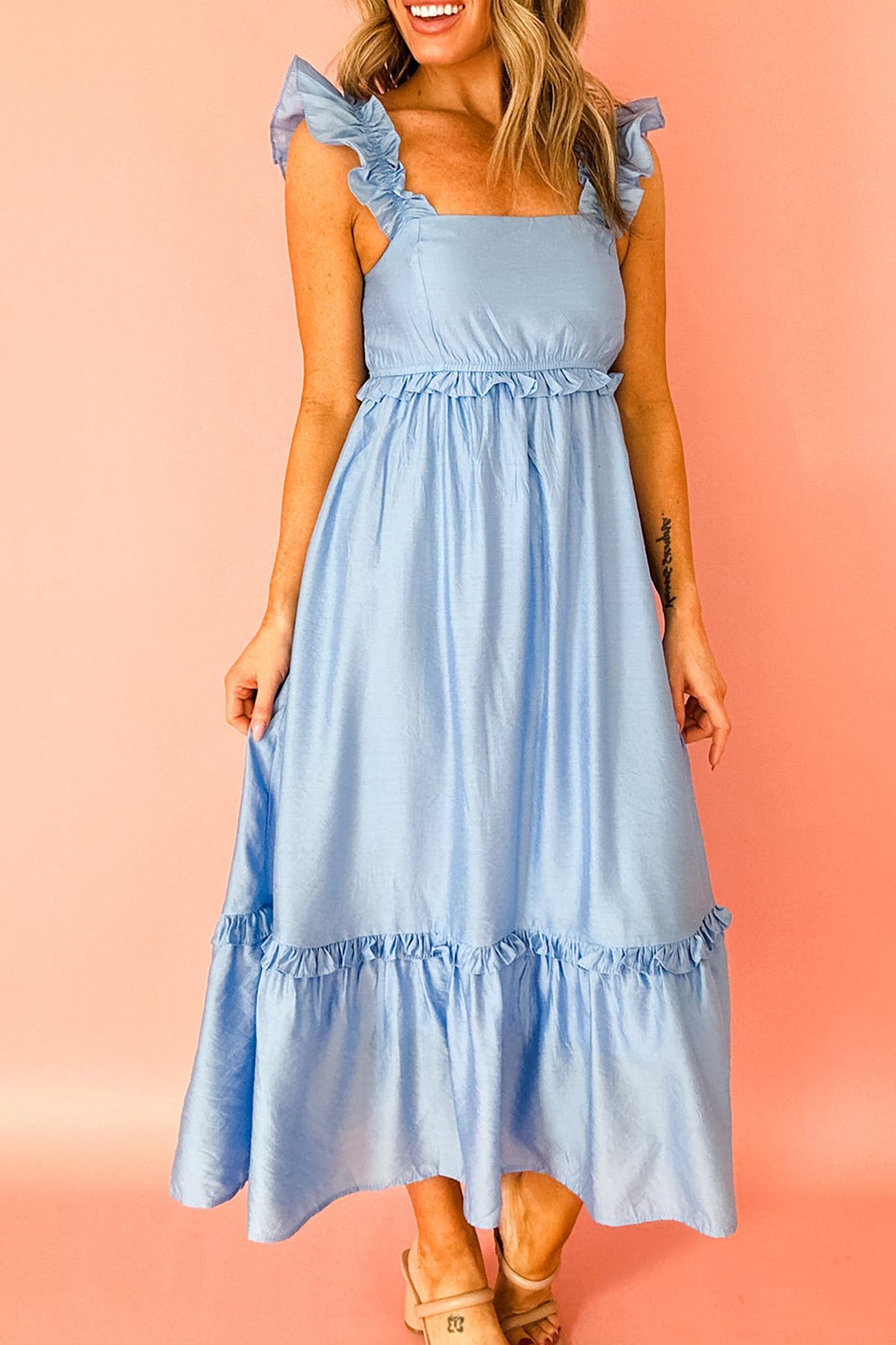 Beau Blue Solid Color Ruffle Trim High Waist Sleeveless Maxi Dress