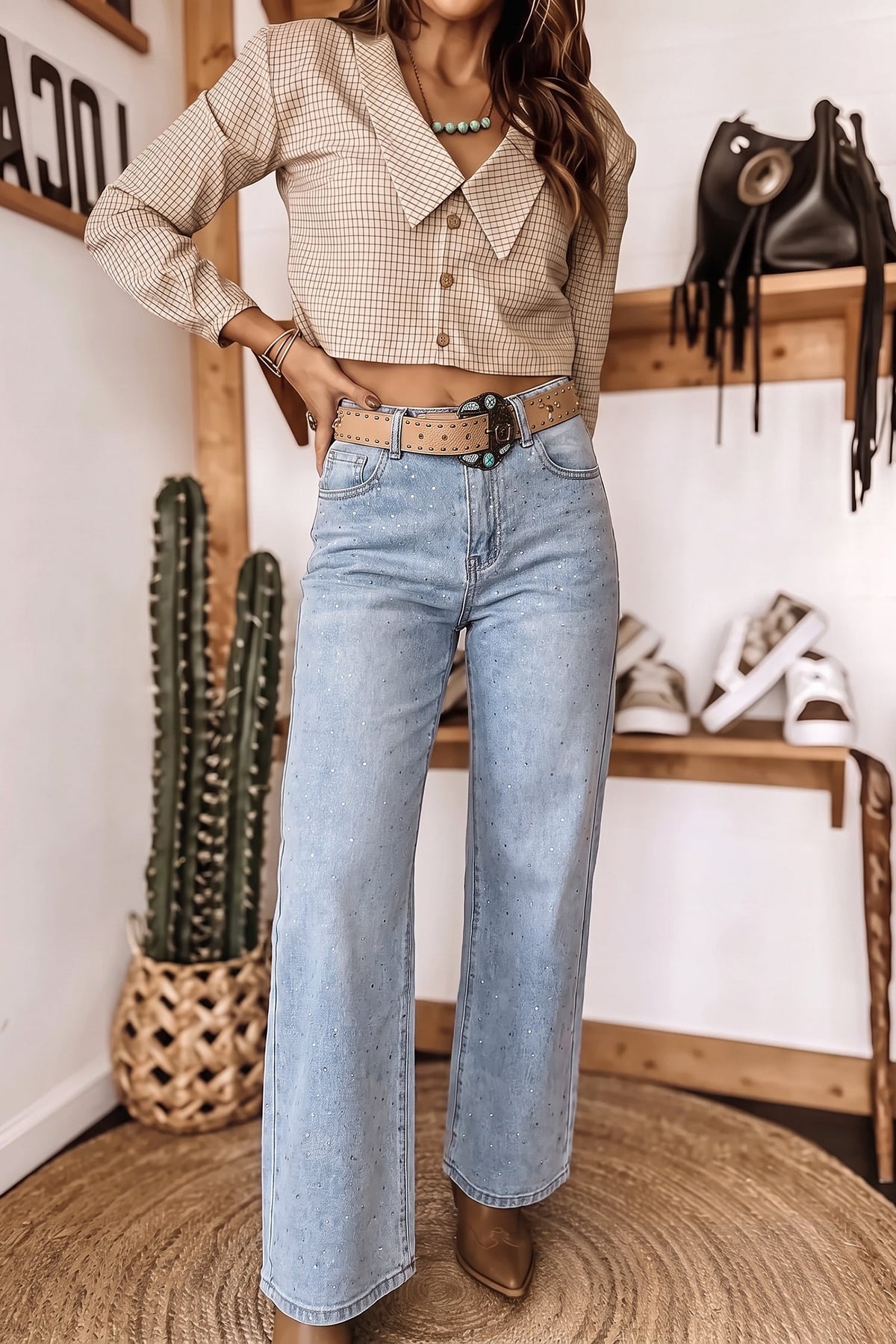 Beau Blue Sparkle Detail Western Casual Shift Jeans