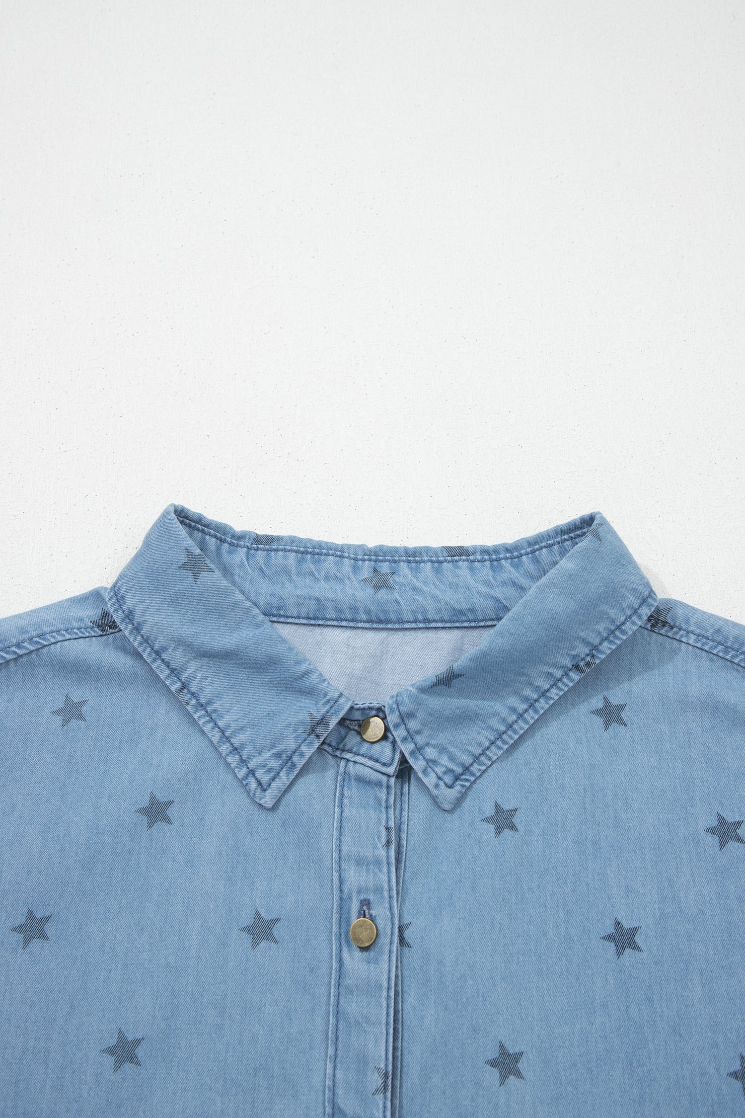 Beau Blue Star Allover Print Double Chest Pocket Short Sleeve Denim Shirt