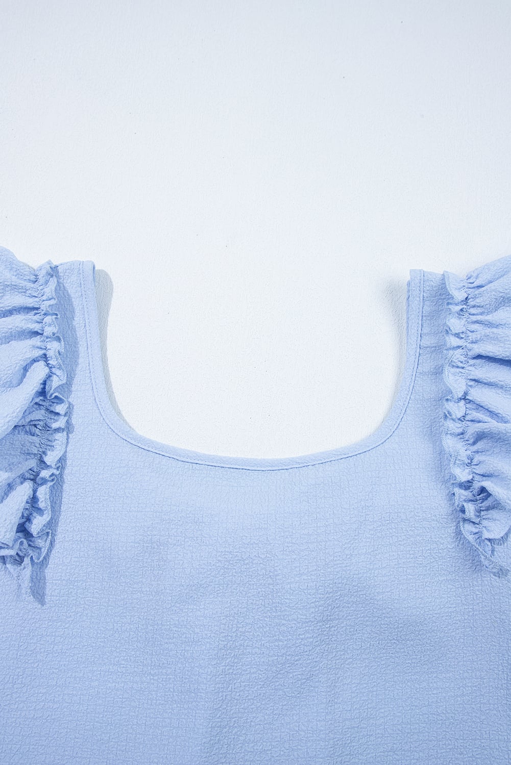Beau Blue Textured Bow Knot Frilled Butterfly Sleeve Blouse