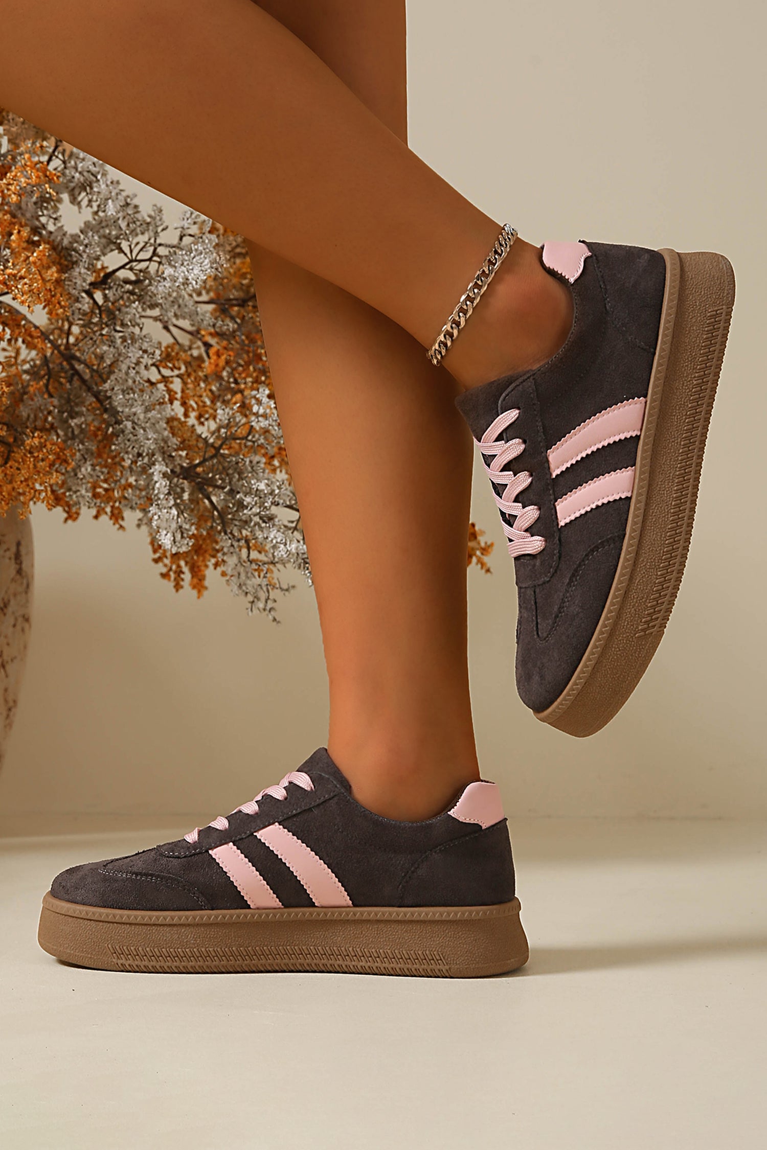 Pink Contrast PU Leather Detail Lace Up Casual Shoes