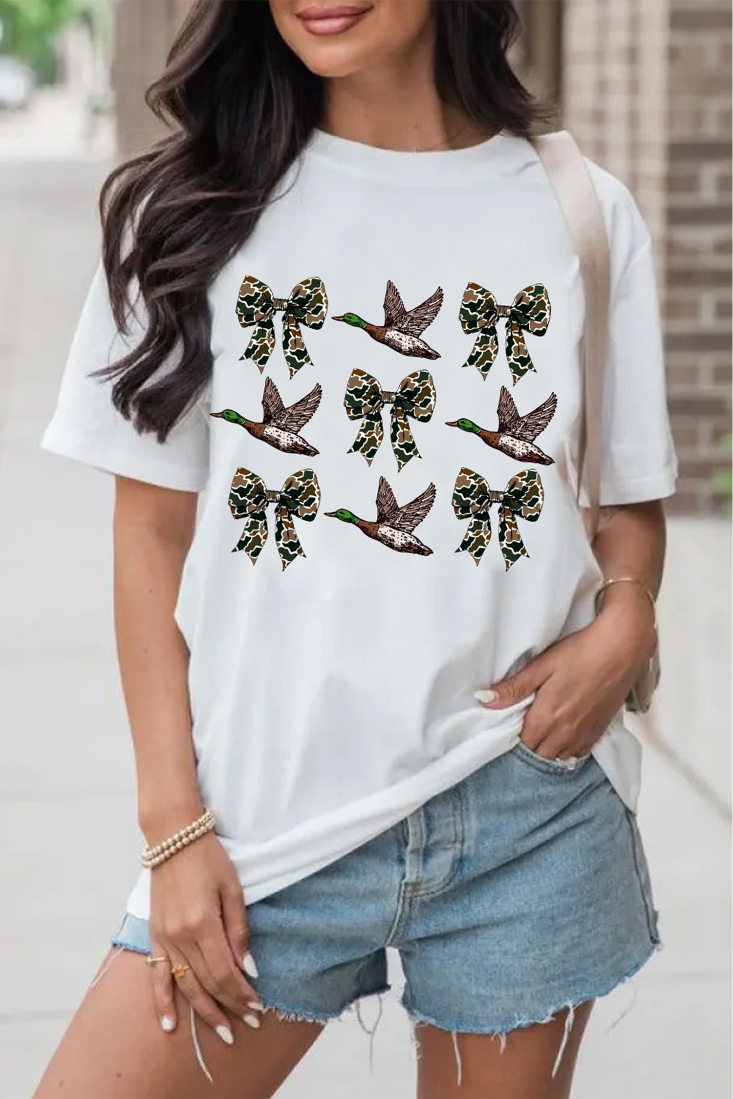 White Camo Bow Flying Mallard Duck Printed Tee