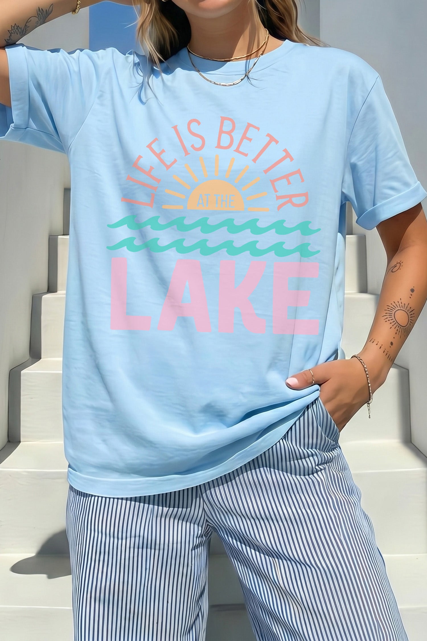 Light Blue LIFE IS BETTER AT THE LAKE Summer Vacation Graphic Tee
