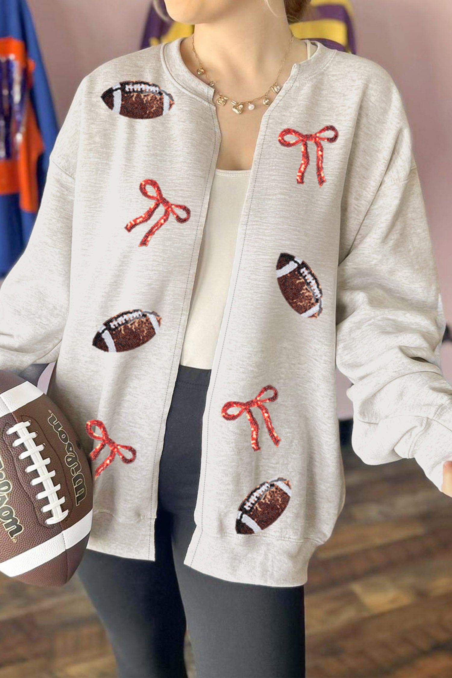 Light Grey Sequin Bow Rugby Pattern Open Hoodie without Hood