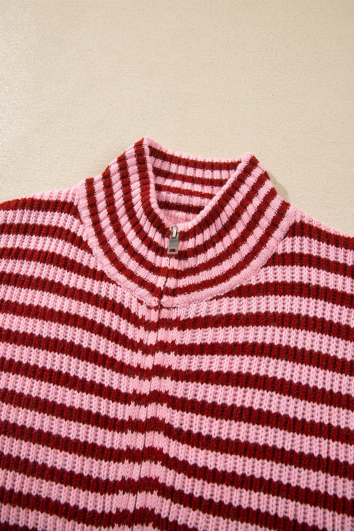 Red Stripe Striped High Neck Zip-up Sweater Long Sleeve Casual Fit Drop Shoulder Open Front Cardigan