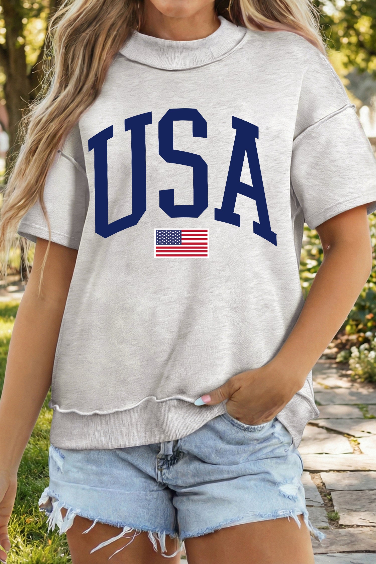 Light Grey USA Flag Exposed Seam Mock Neck Tee