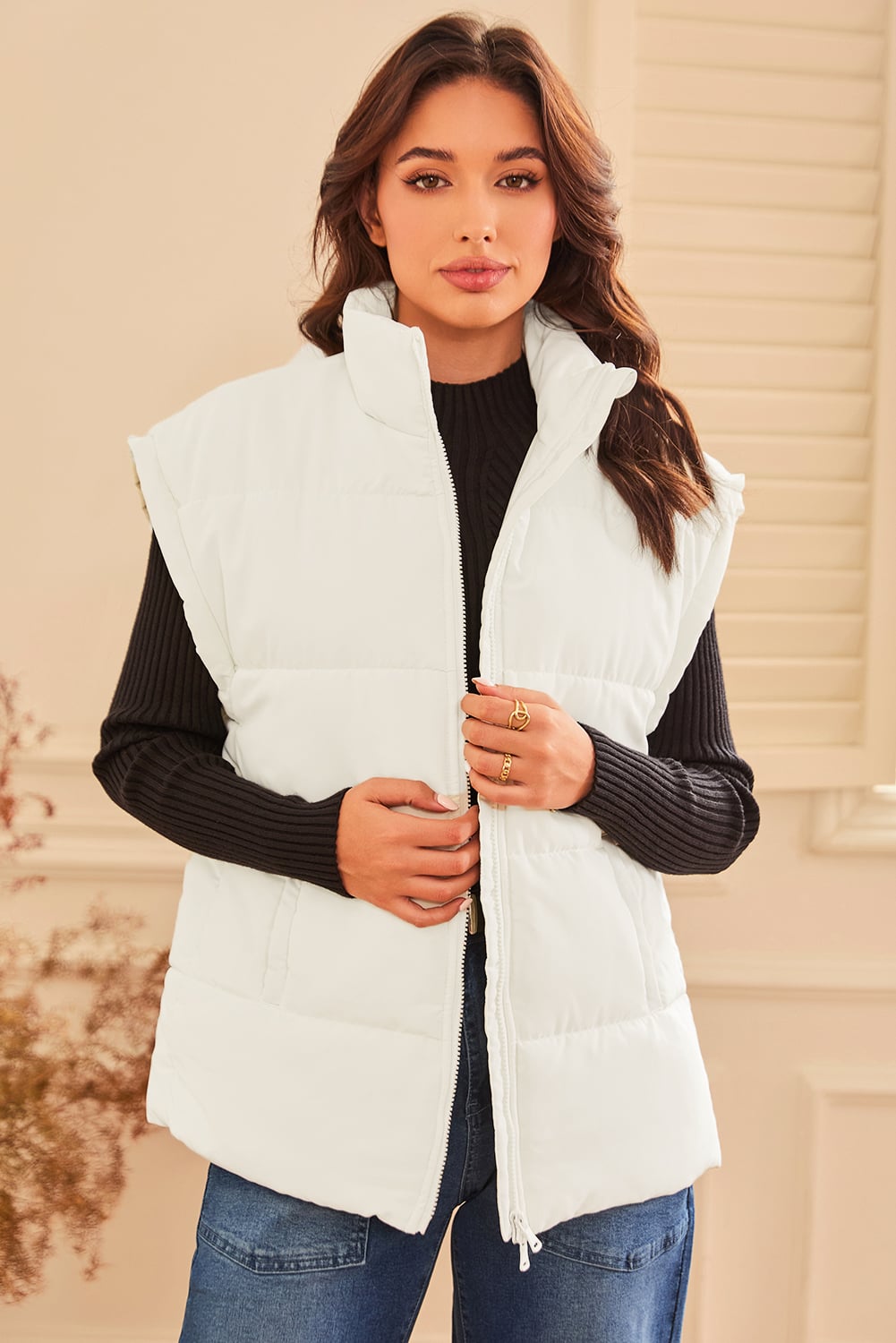Beige  Zipper Stand Neck Oversized Puffer Vest
