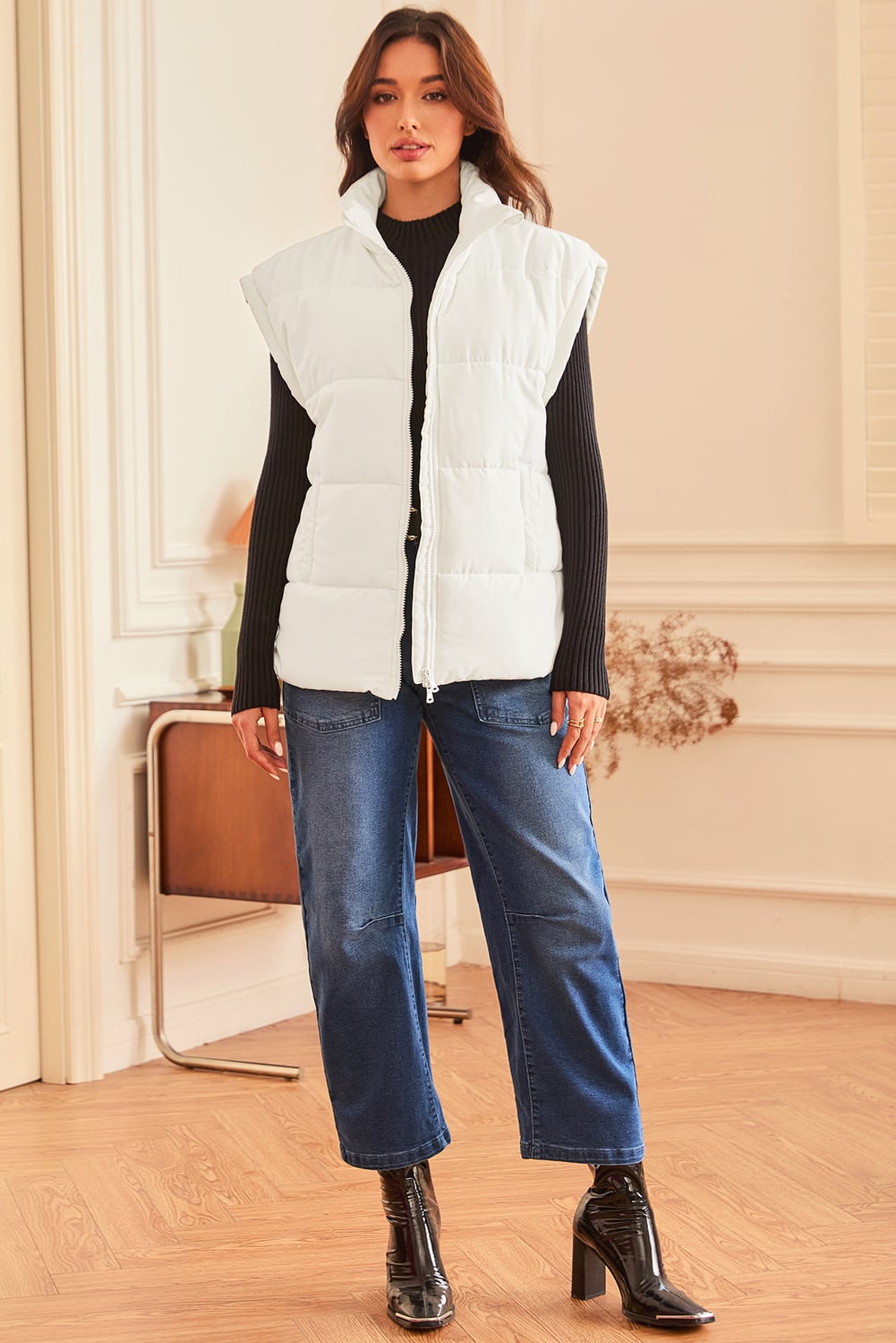 Beige  Zipper Stand Neck Oversized Puffer Vest