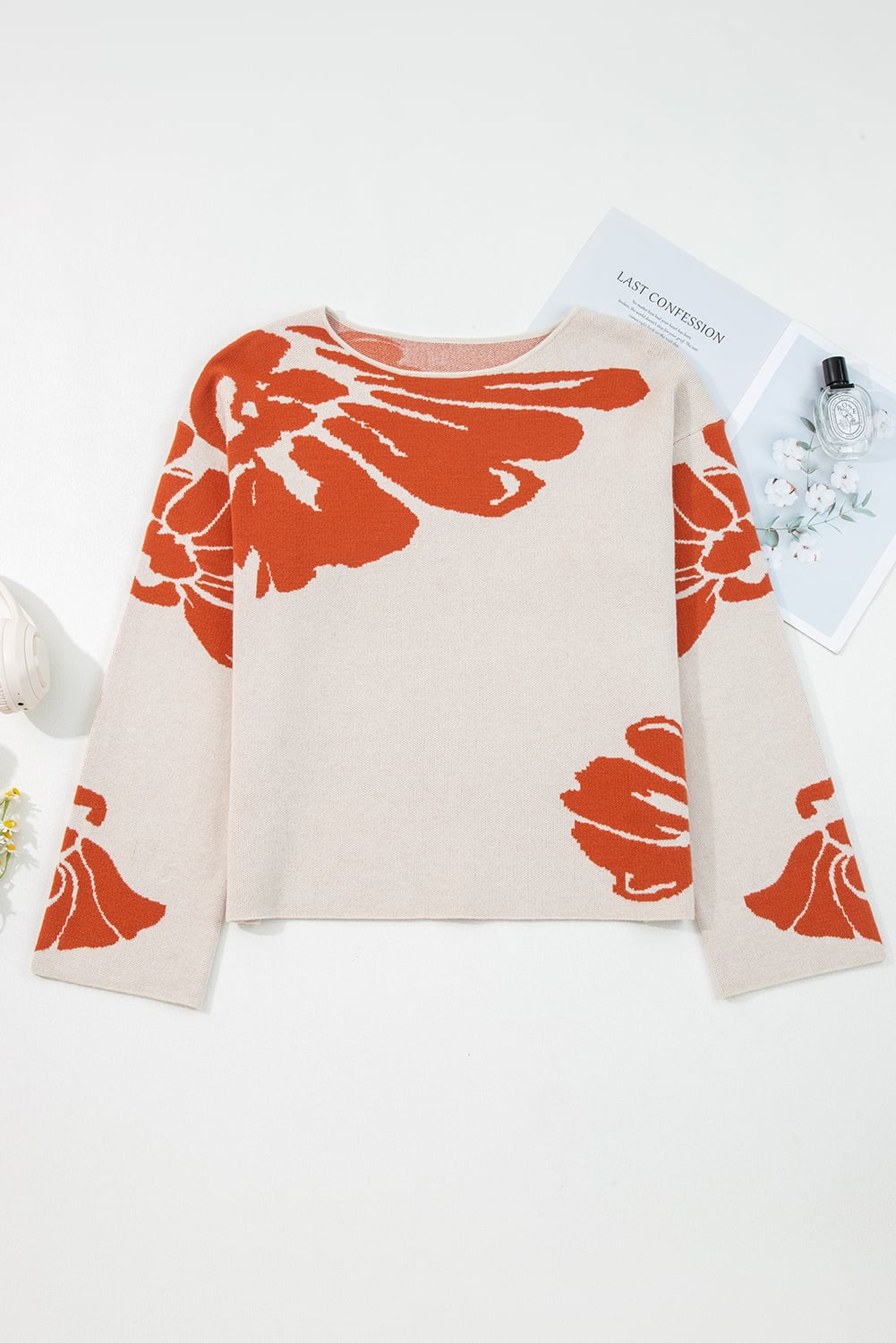 Beige Bold Flower Pattern Wide Sleeve Baggy Sweater