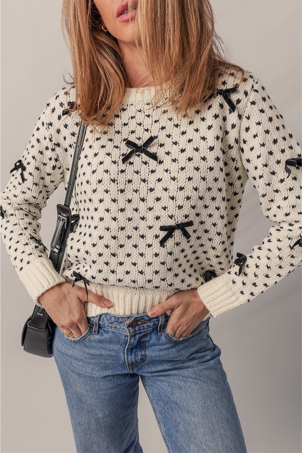 Beige Bow Decor Color Contrast Ribbed Edge Crew Neck Sweater