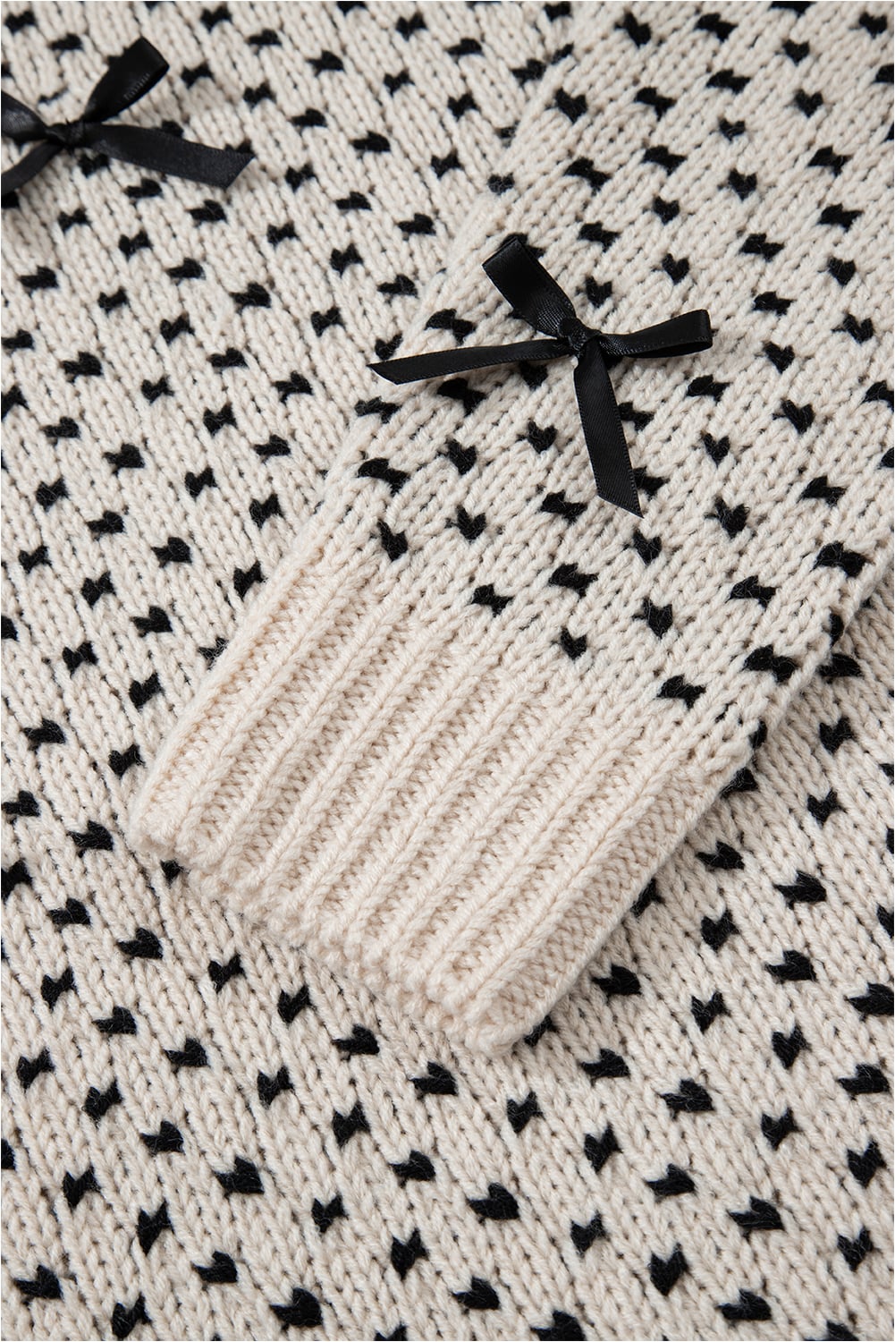 Beige Bow Decor Color Contrast Ribbed Edge Crew Neck Sweater