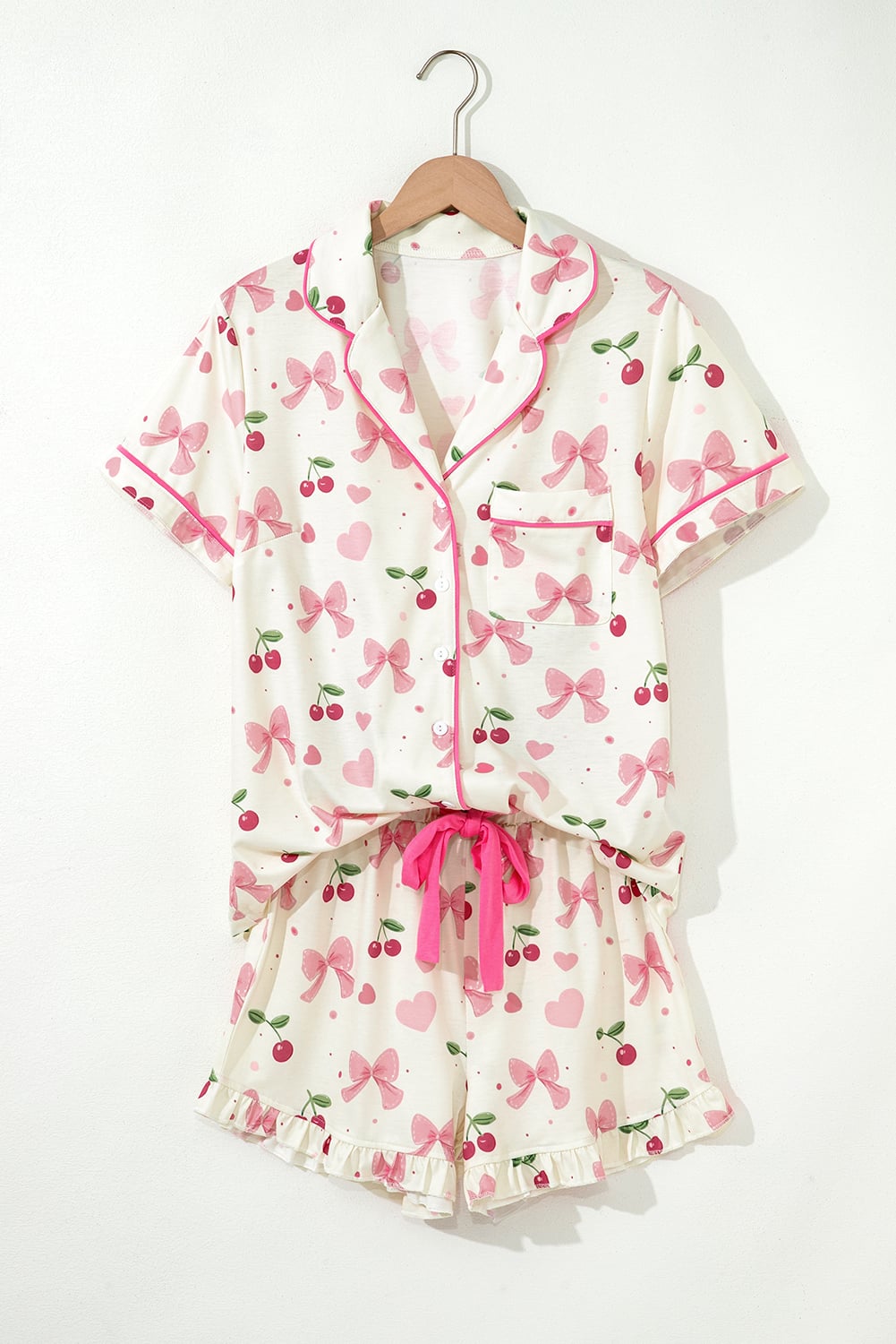 Beige Bow Fruit Print Contrast Pipping Short Pajamas Set
