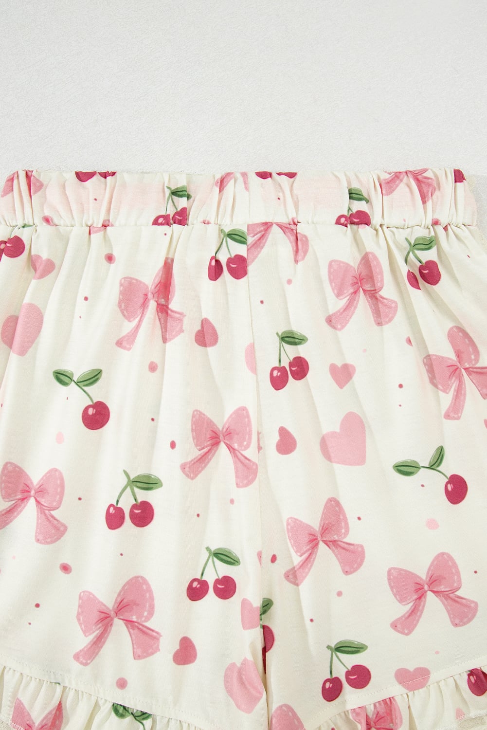 Beige Bow Fruit Print Contrast Pipping Short Pajamas Set
