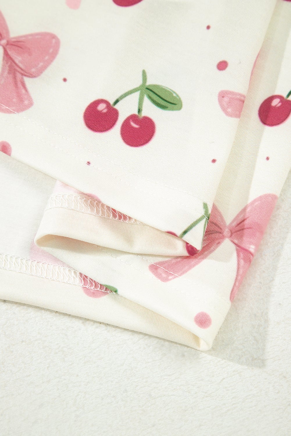 Beige Bow Fruit Print Contrast Pipping Short Pajamas Set