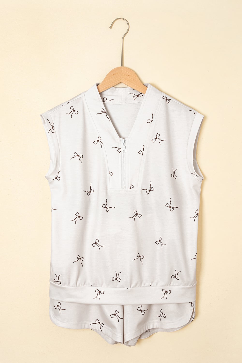 Beige Bow Print Half Zip Tank and Shorts 2pcs Set