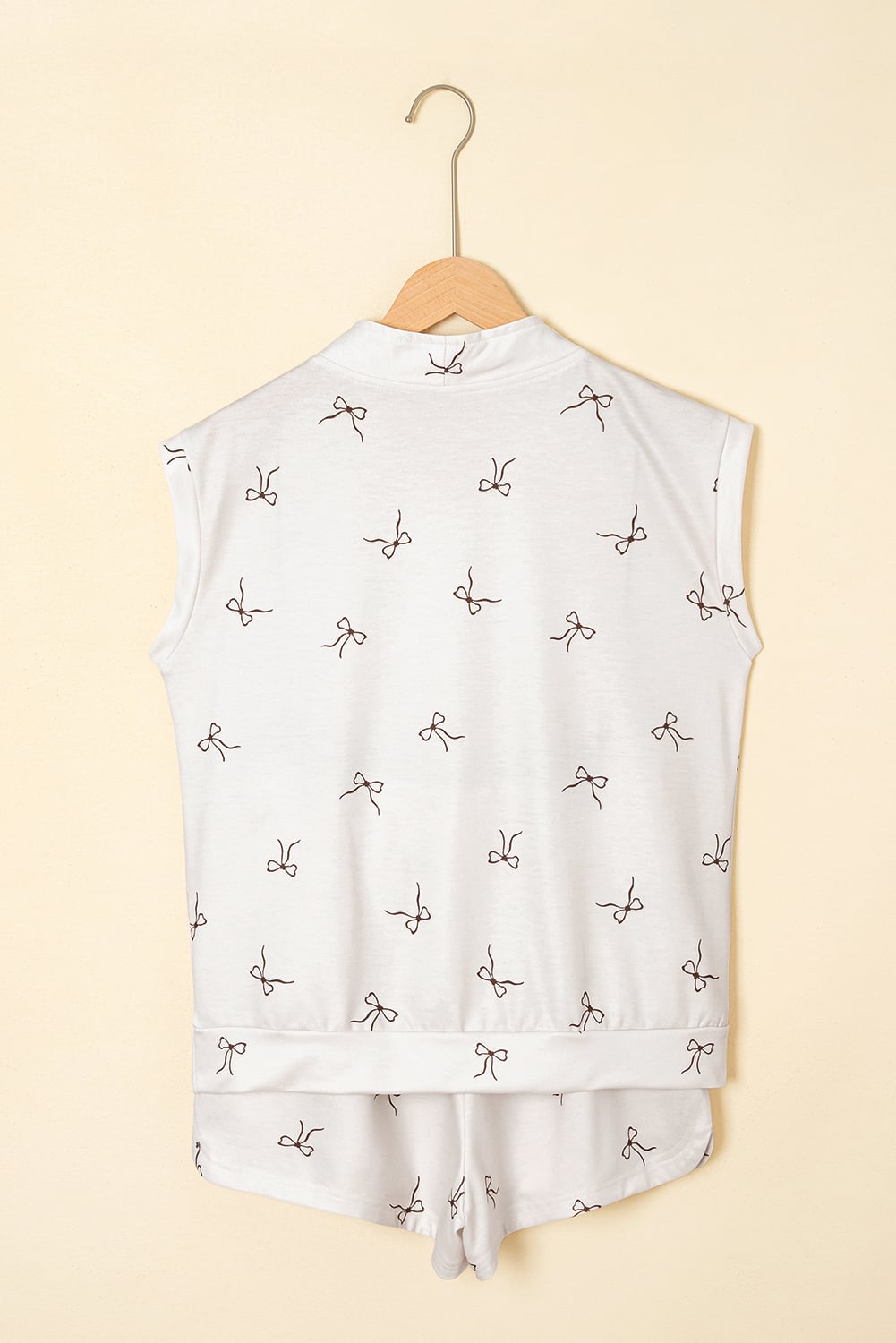 Beige Bow Print Half Zip Tank and Shorts 2pcs Set