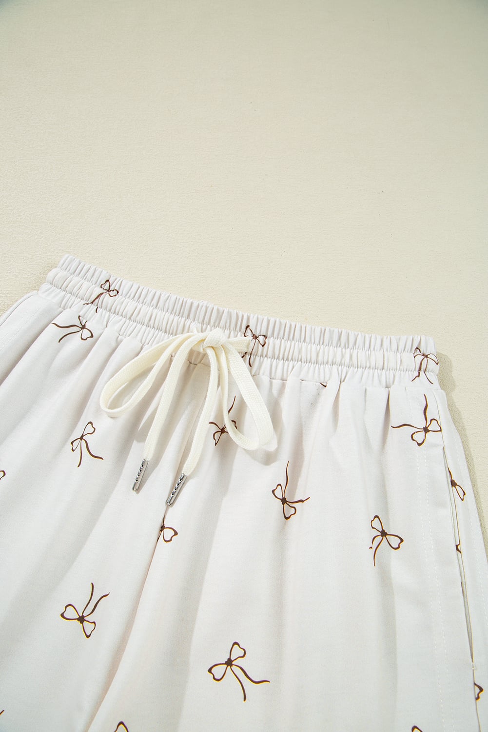 Beige Bow Print Half Zip Tank and Shorts 2pcs Set