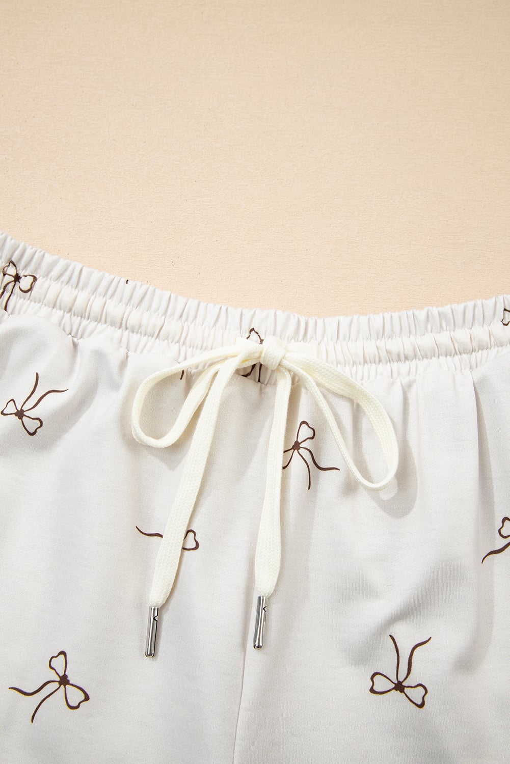 Beige Bow Print Half Zip Tank and Shorts 2pcs Set
