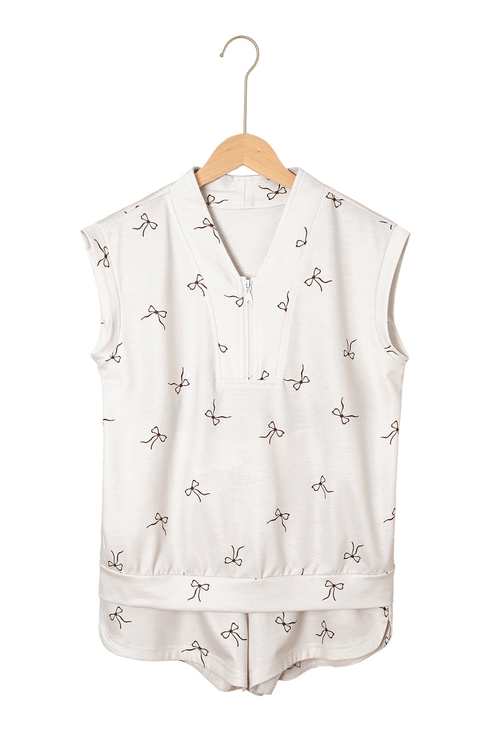 Beige Bow Print Half Zip Tank and Shorts 2pcs Set