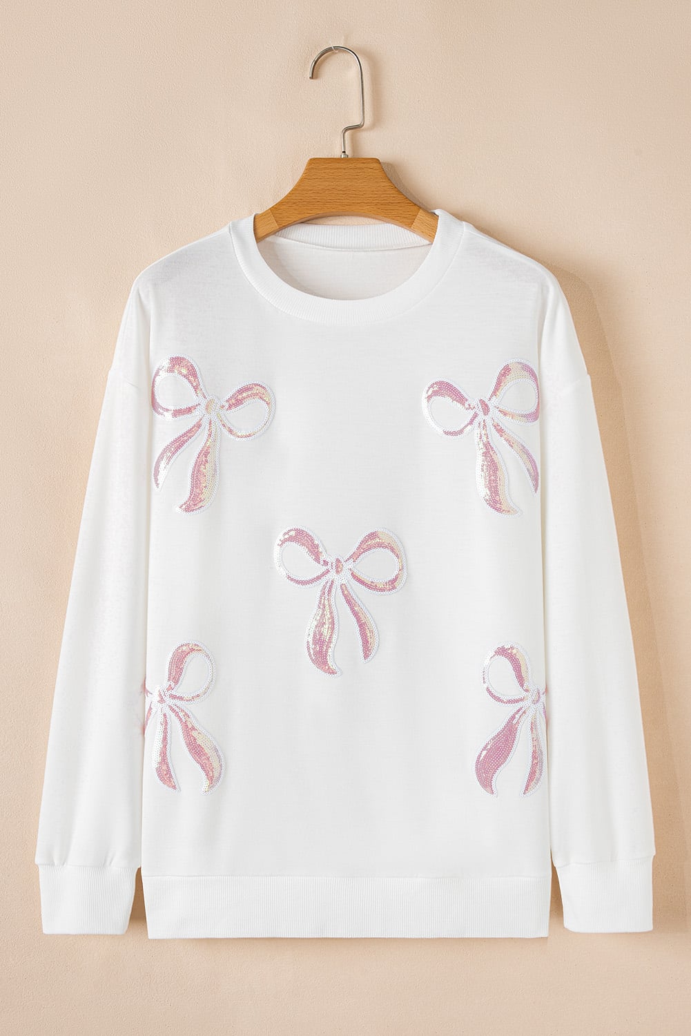 Beige Bow Valentine Drop Shoulder Loose Sweatshirt