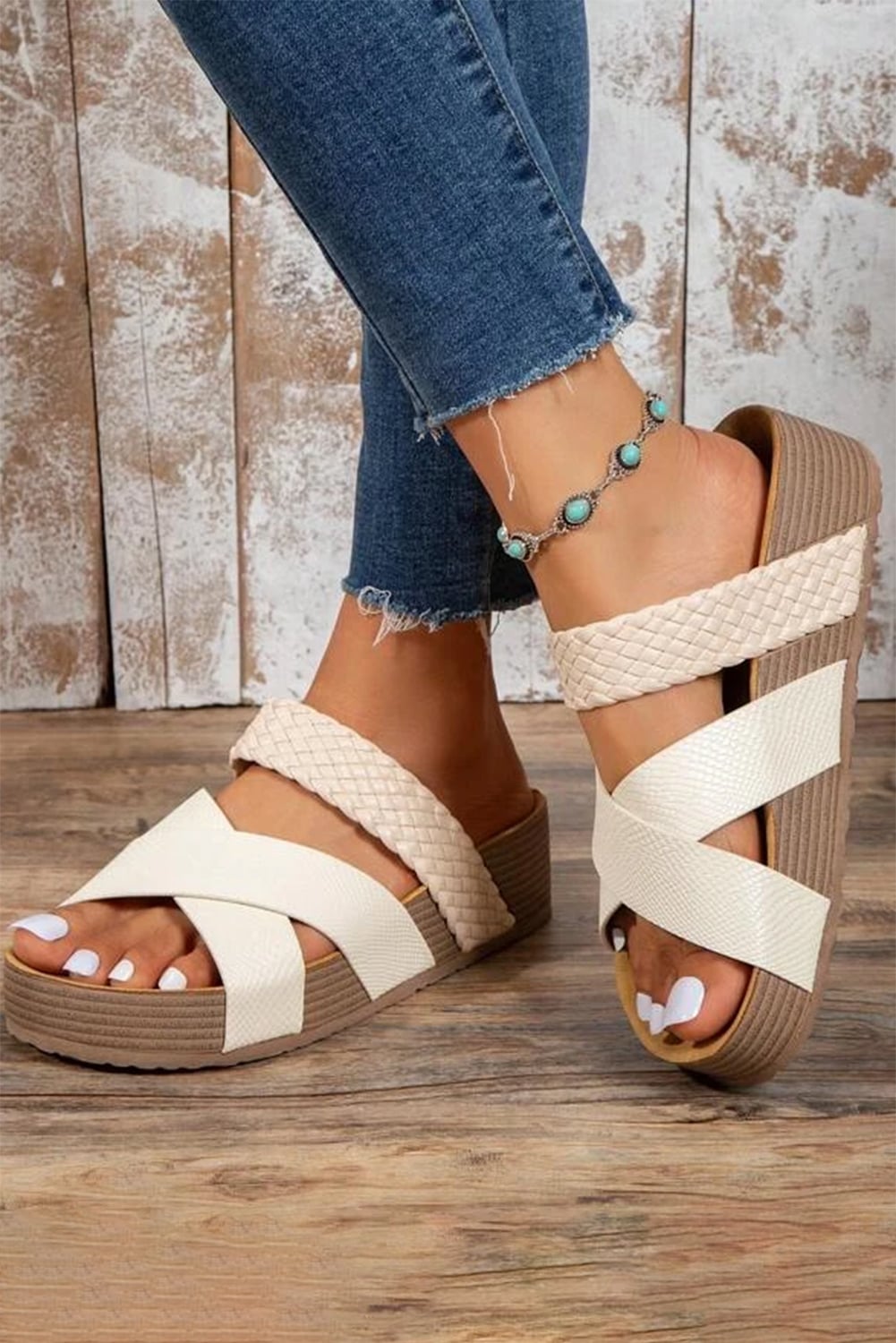 Beige Braided Detail Criss Cross Platform Slippers