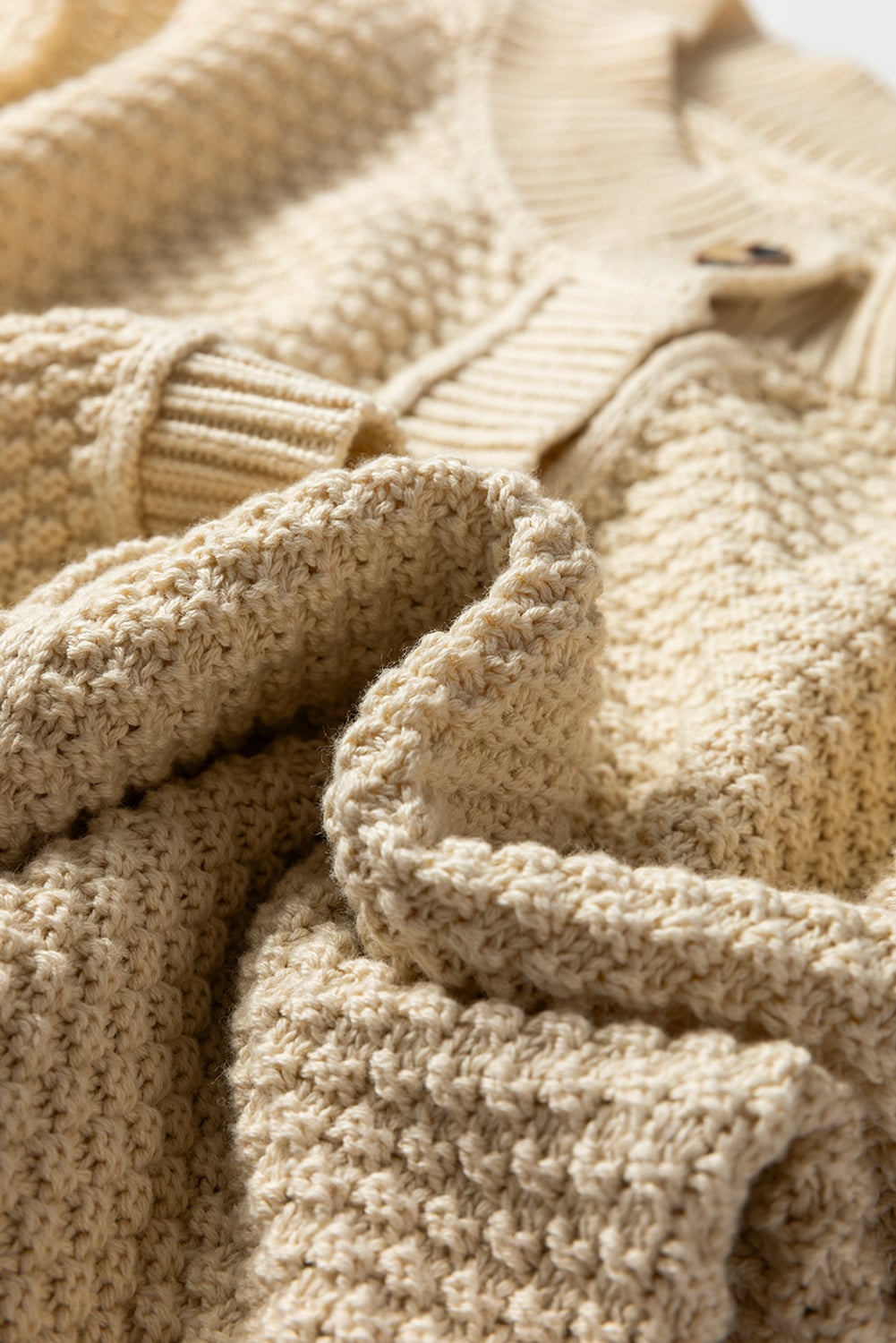 Beige Button Front Cropped Cardigan Sweater