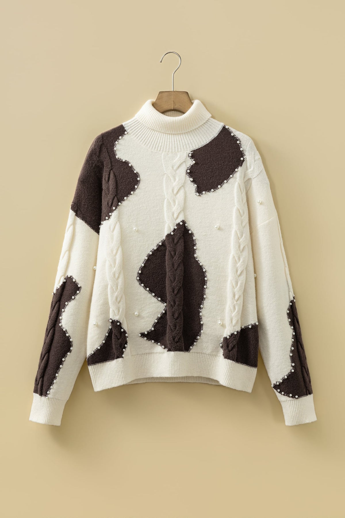 Beige Cable Detail Knit Beaded Western Spots Mock Neck Sweater