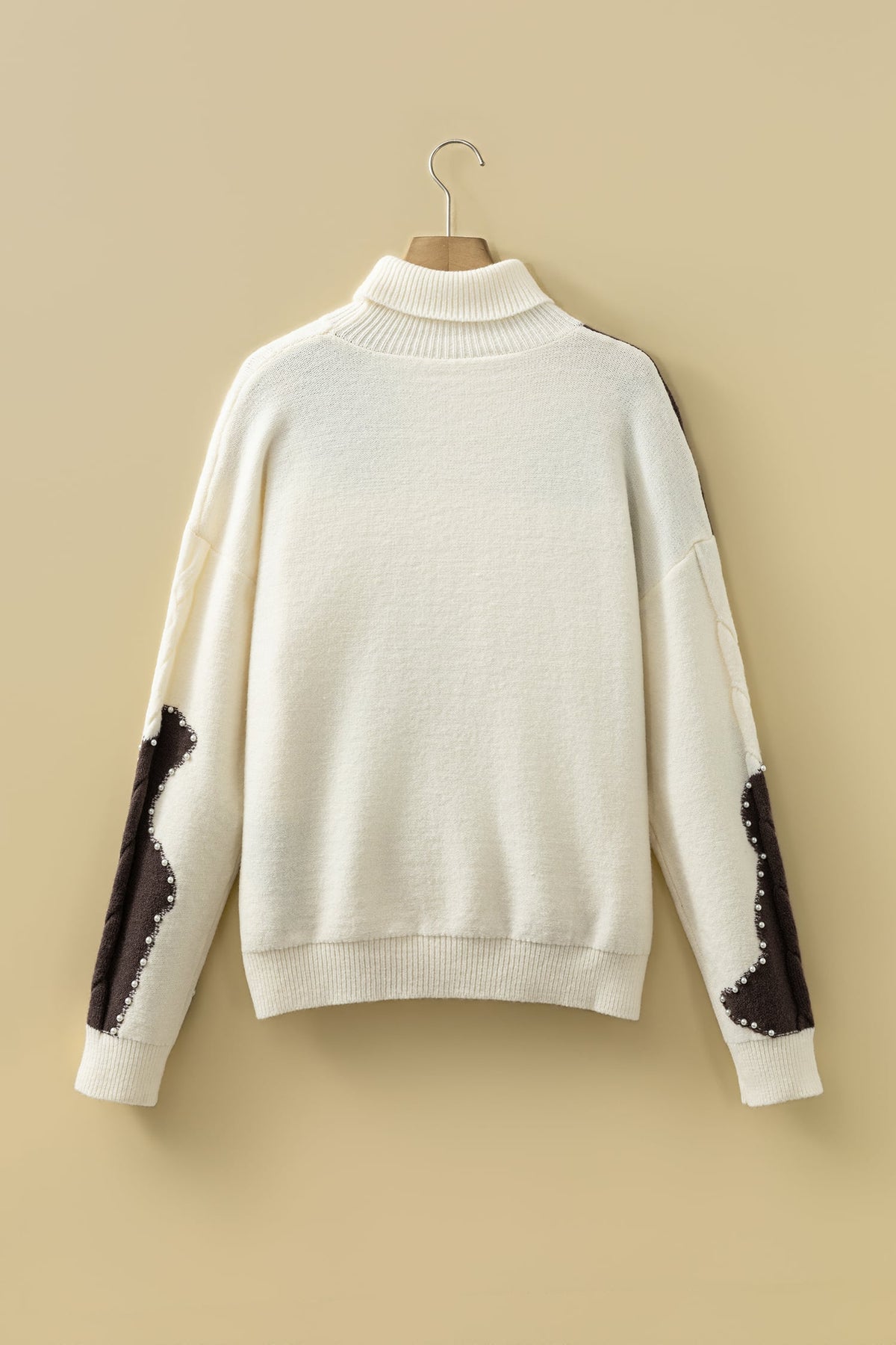 Beige Cable Detail Knit Beaded Western Spots Mock Neck Sweater