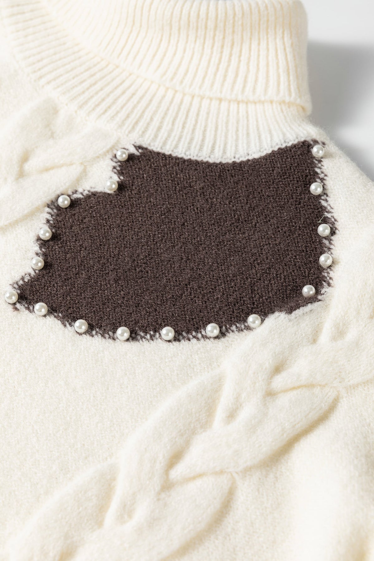 Beige Cable Detail Knit Beaded Western Spots Mock Neck Sweater